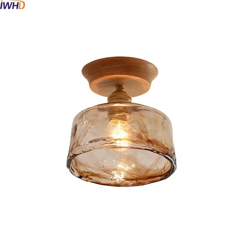 DecorBites amber glass led ceiling light with warm amber glass pendant, wooden mount, and brass hardware for modern decor