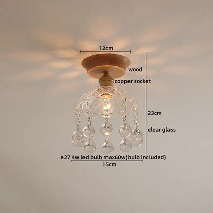 Decorbites amber glass led ceiling light with clear glass chandelier, wooden base, and copper socket for modern decor