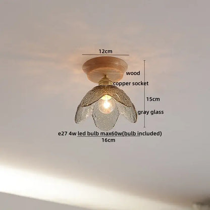 Delicate gray glass flower pendant light with wooden base and copper socket amber glass led ceiling light