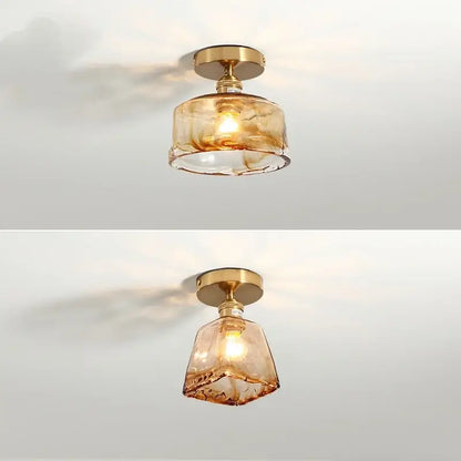 Gold-finished ceiling lights with amber glass led textured shades and copper socket for modern home lighting