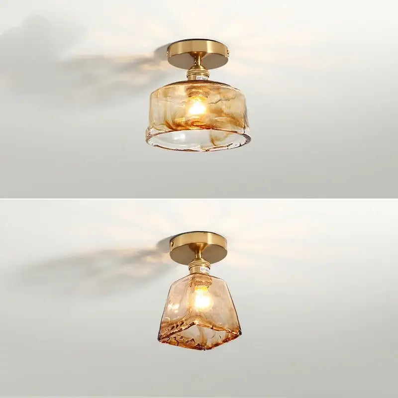 Gold-finished ceiling lights with amber glass led textured shades and copper socket for modern home lighting