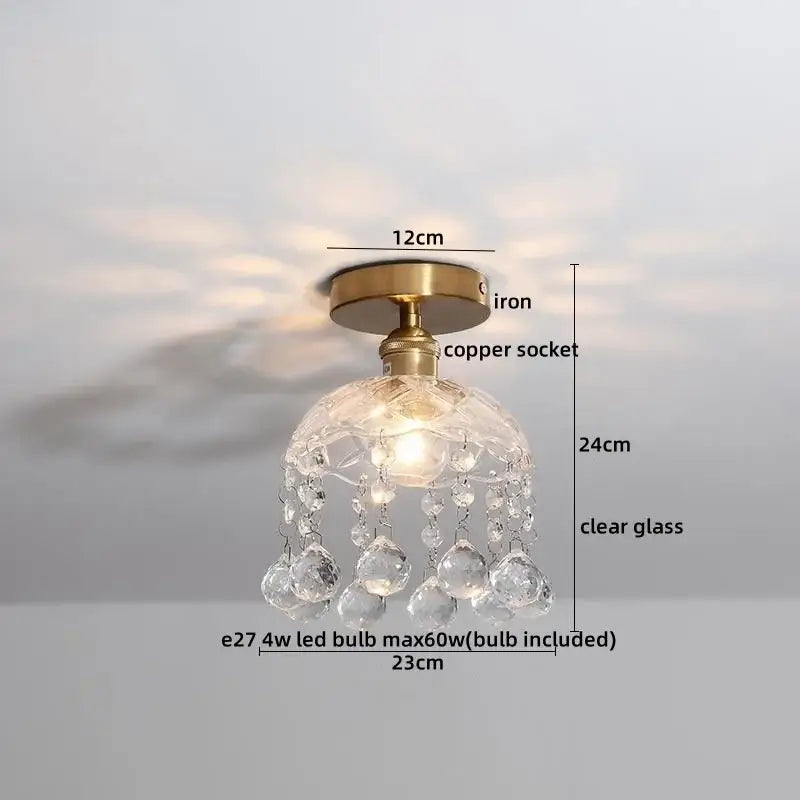 DecorBites™ amber glass LED ceiling lights with clear glass chandelier, brass iron base, and copper socket with crystals