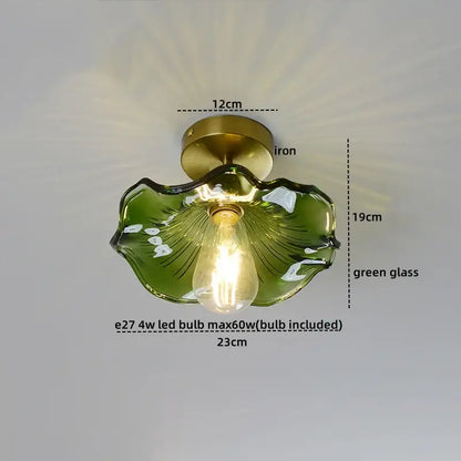 Decorbites™ amber glass led ceiling lights featuring a delicate green glass leaf design with brass iron base and copper socket