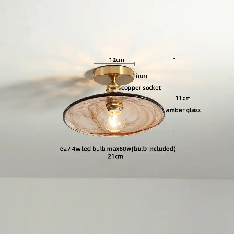 DecorBites™ amber glass LED ceiling lights with a brass iron base and copper socket for modern home lighting