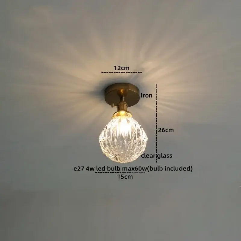 DecorBites amber glass LED ceiling lights with clear faceted globe pendant and brass iron base include 4w LED bulb