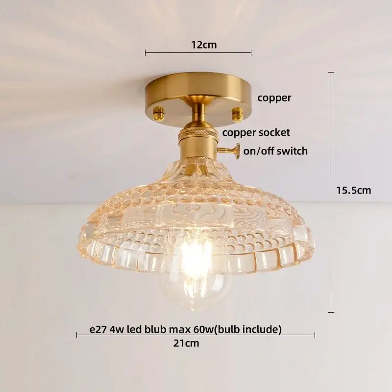 Decorbites™ amber glass led ceiling light with brass copper fixture and ornate textured glass shade for modern nordic decor