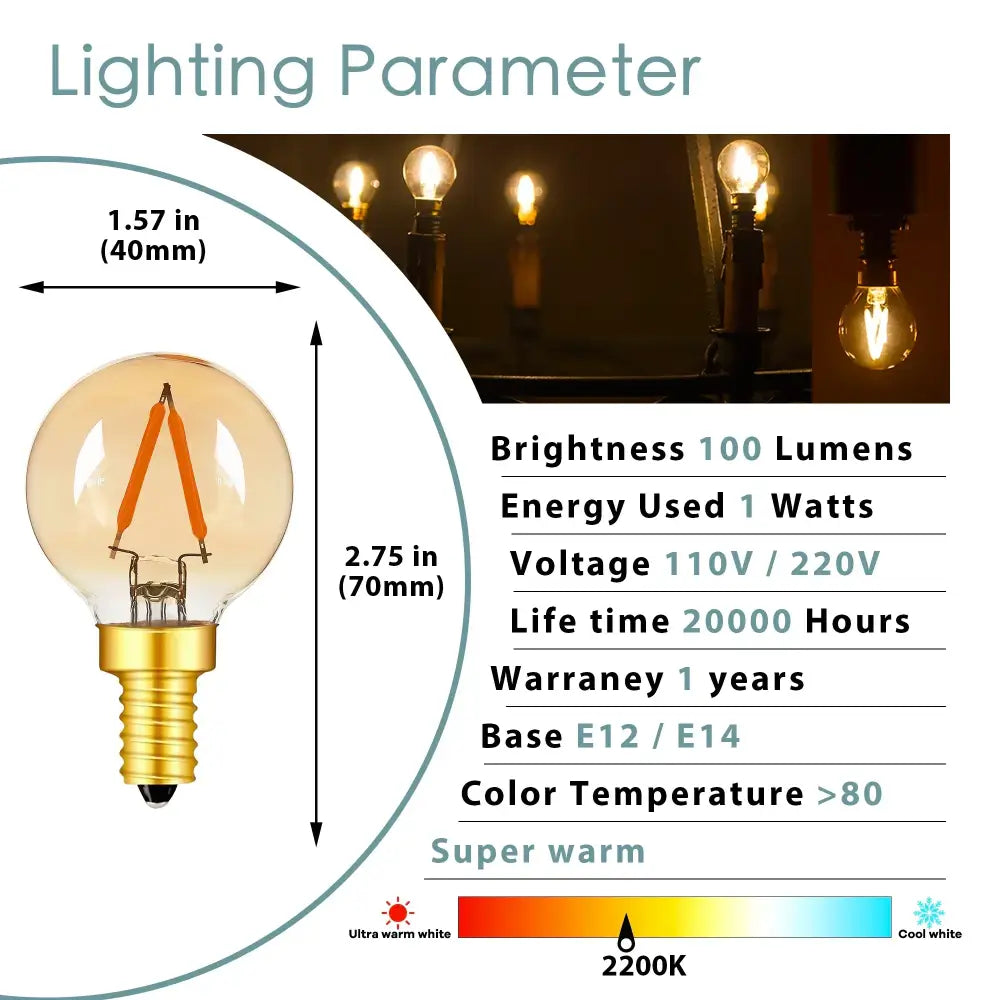 DecorBites amber glass led filament globe bulb with warm white vintage-style orange filament and gold screw base