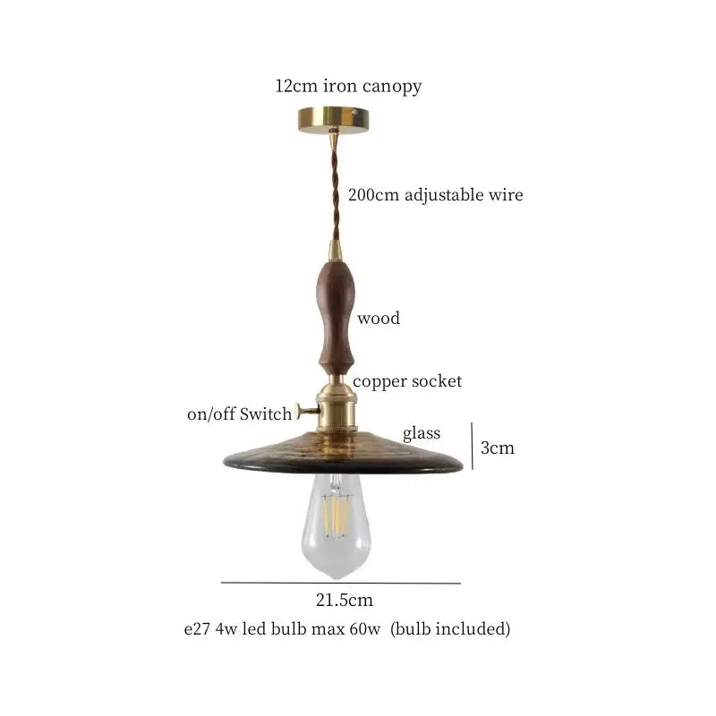 Decorbites amber glass led hanging lamp with brass canopy wooden handle copper socket and glass shade for bar loft