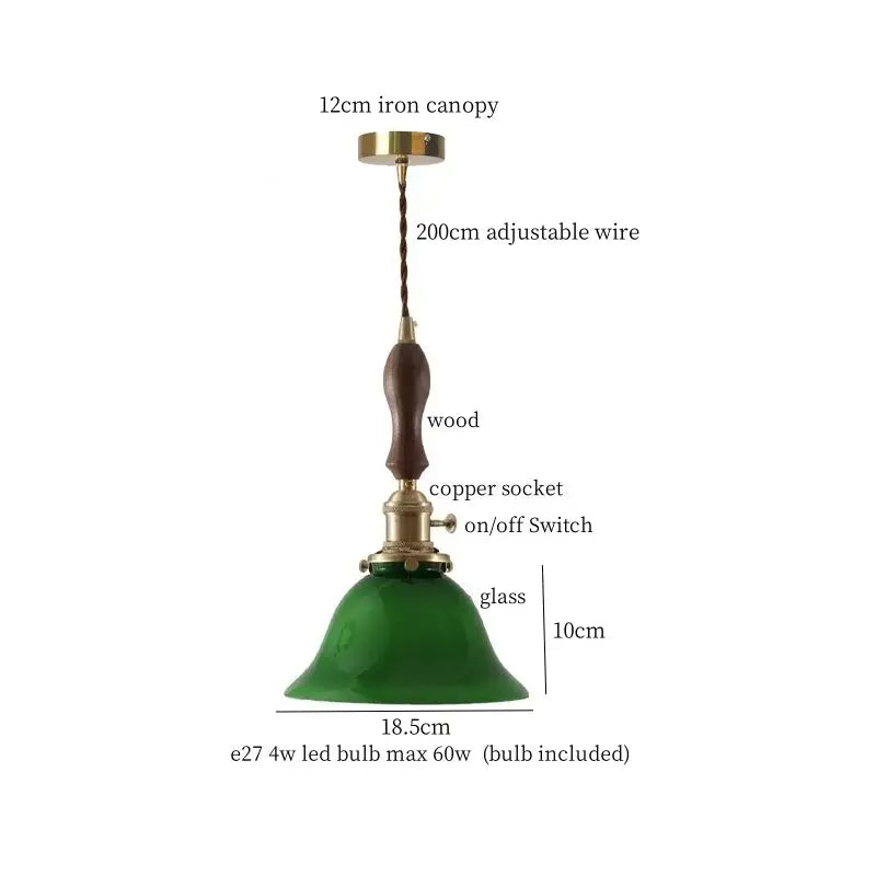 Decorbites™ green glass led hanging lamp with wooden handle and brass accents for bar and loft lighting