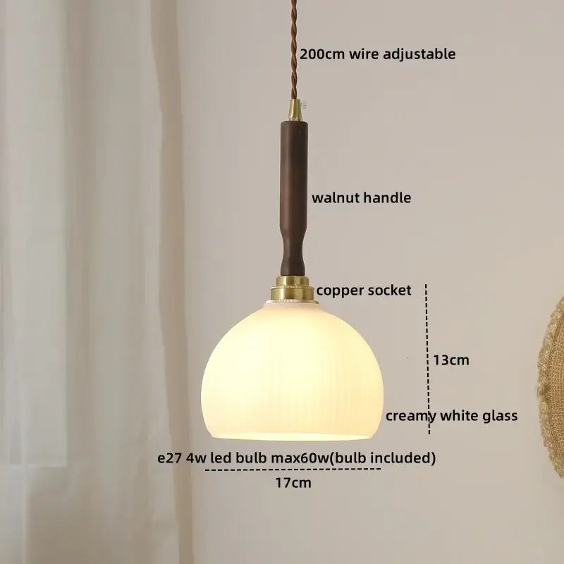Creamy white glass led pendant lamp with walnut handle and copper socket for home decor by DecorBites amber glass led