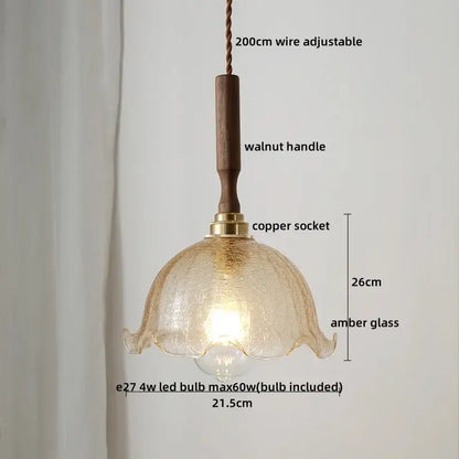 DecorBites amber glass led pendant lamp with textured petal-shaped shade and dark walnut handle for home decor