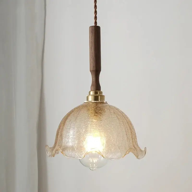 DecorBites amber glass led pendant lamp with warm crackled glass, wooden handle, and brass accents for home decor