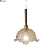 Decorbites amber glass led pendant lamp with warm textured glass, wooden handle, and brass accents for home decor