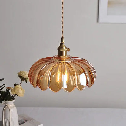DecorBites™ amber glass led pendant lamp with fluted petal design and brass hardware for modern nordic decor