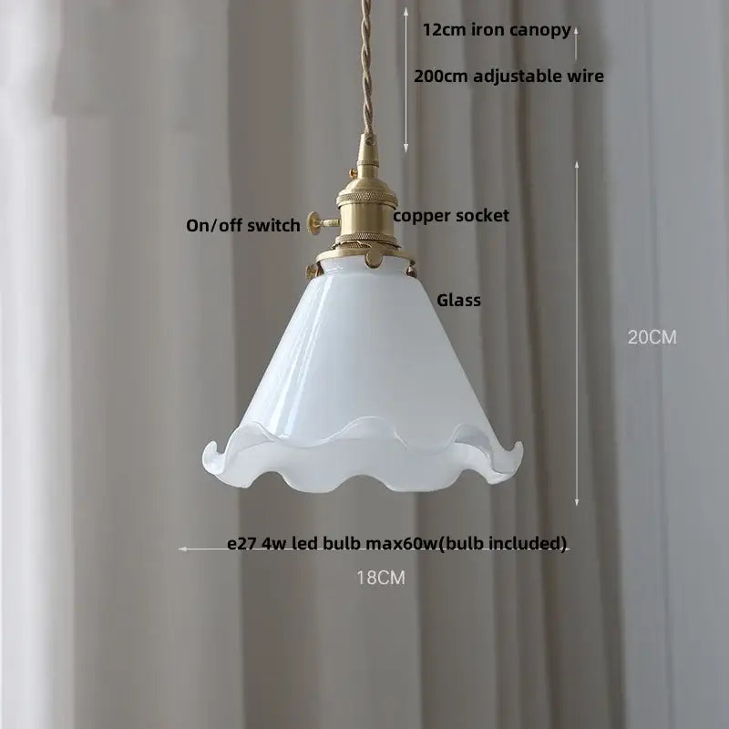 Decorbites™ amber glass led pendant lamp with white scalloped glass, brass metal, and adjustable copper socket