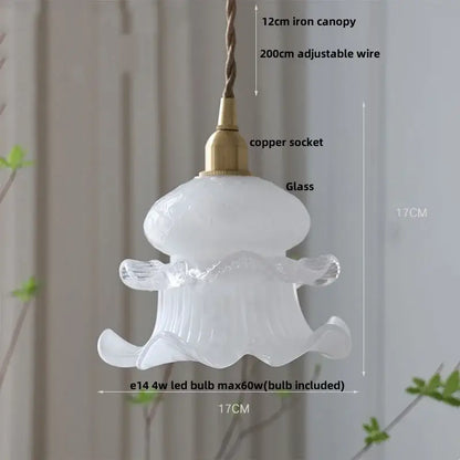 White glass pendant lamp with frosted flower-like design and brass copper socket for amber glass led lighting