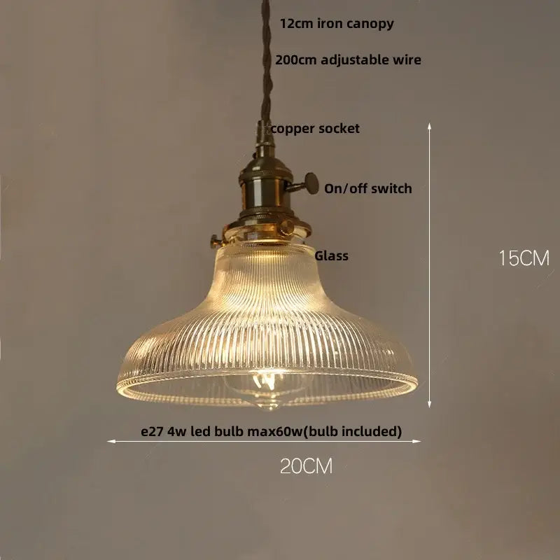 Vintage-style decorbites amber glass led pendant lamp with ribbed glass shade brass finish and adjustable iron canopy