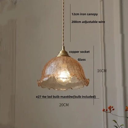 Decorbites™ amber glass led pendant lamp with textured warm-toned glass, walnut wood, copper socket, and adjustable iron canopy