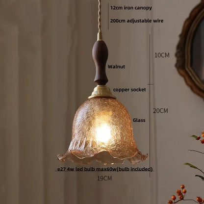 DecorBites amber glass led pendant lamp with textured fluted amber glass and walnut wood handle for elegant lighting