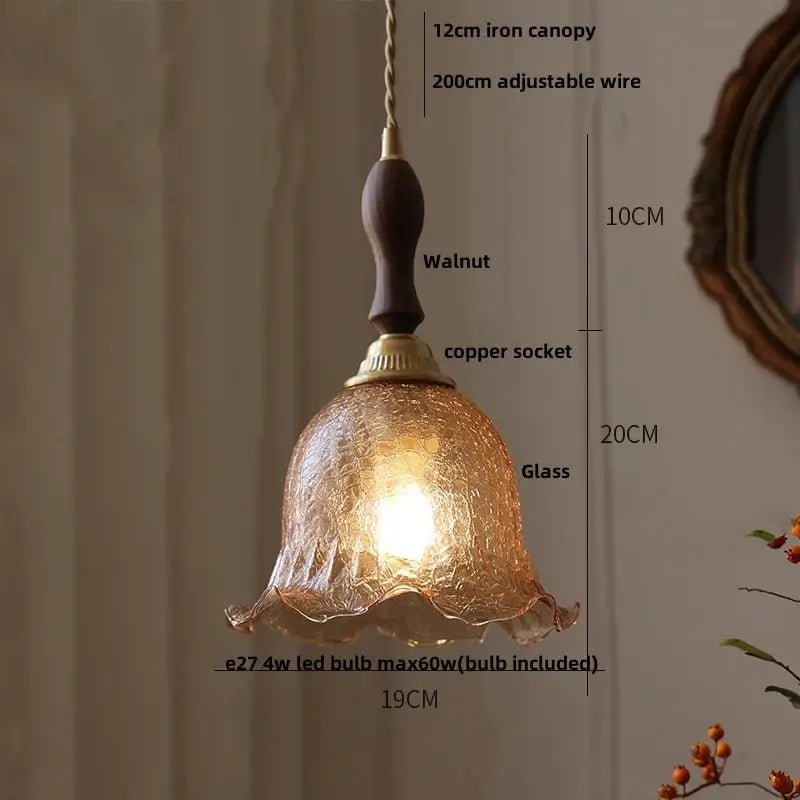 DecorBites amber glass led pendant lamp with textured fluted amber glass and walnut wood handle for elegant lighting