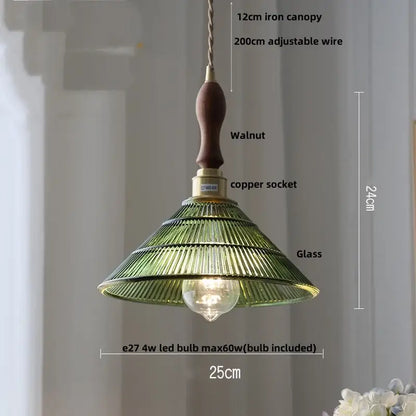 Decorbites amber glass led pendant lamp with green ribbed glass, walnut iron canopy, and copper socket hanging light