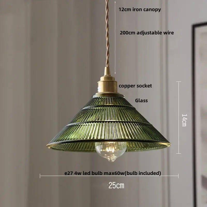 Decorbites™ green ribbed glass led pendant lamp with brass copper socket and iron canopy for elegant lighting