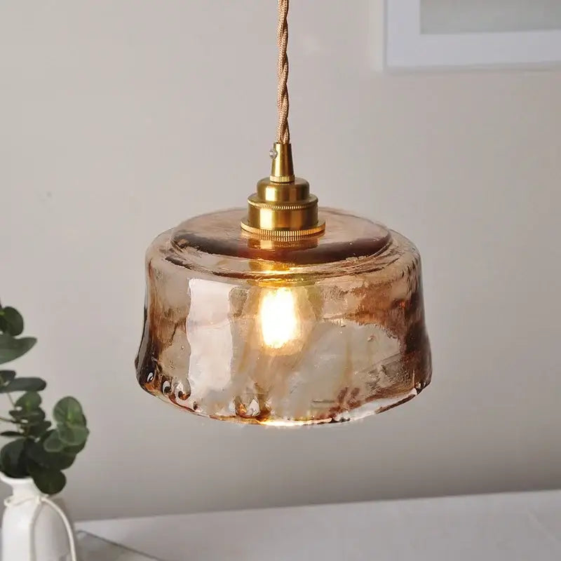 DecorBites amber glass led pendant lamp with warm amber hand-blown glass and brass fixture for kitchen and dining room