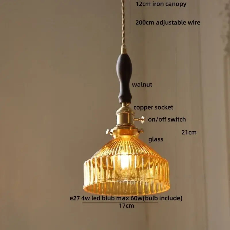 Decorbites amber glass led pendant light fixture with warm ribbed glass, brass copper socket, and dark walnut canopy