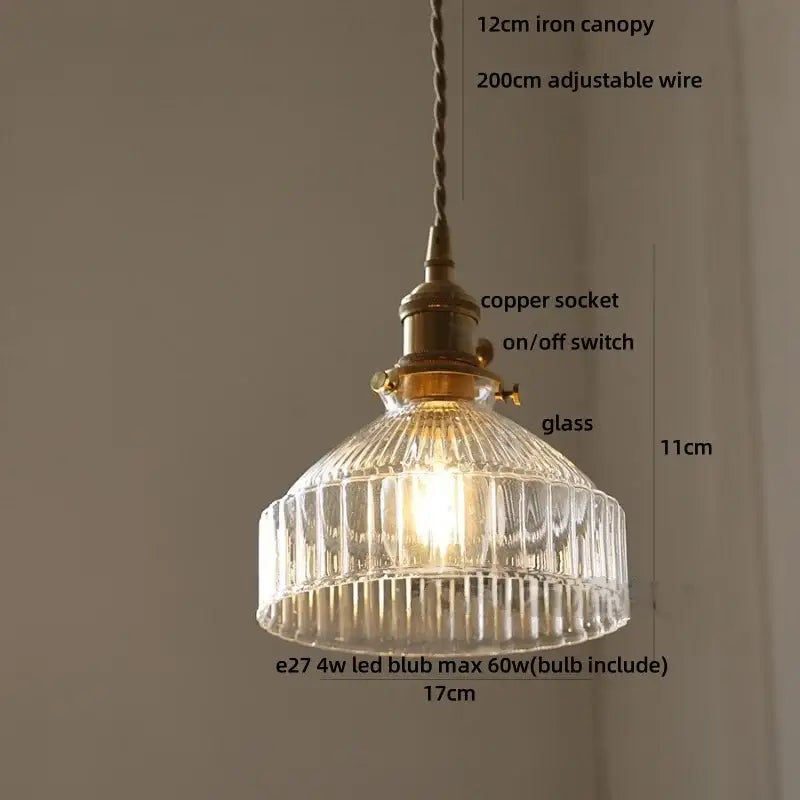 Decorbites amber glass led pendant light with clear ribbed glass, brass copper socket, and adjustable iron canopy