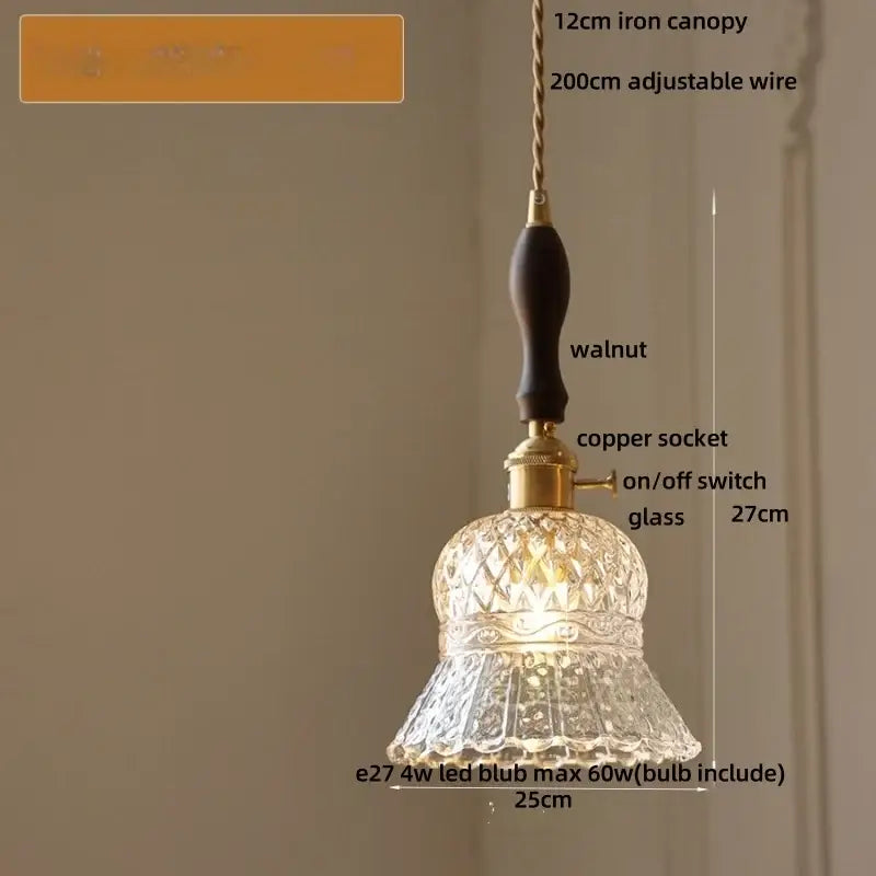 Decorbites amber glass led pendant light with intricately cut glass, brass copper socket, and walnut handle for modern homes
