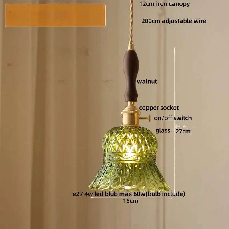 Decorbites™ amber glass led pendant light with green glass shade, walnut handle, and copper socket for modern lighting