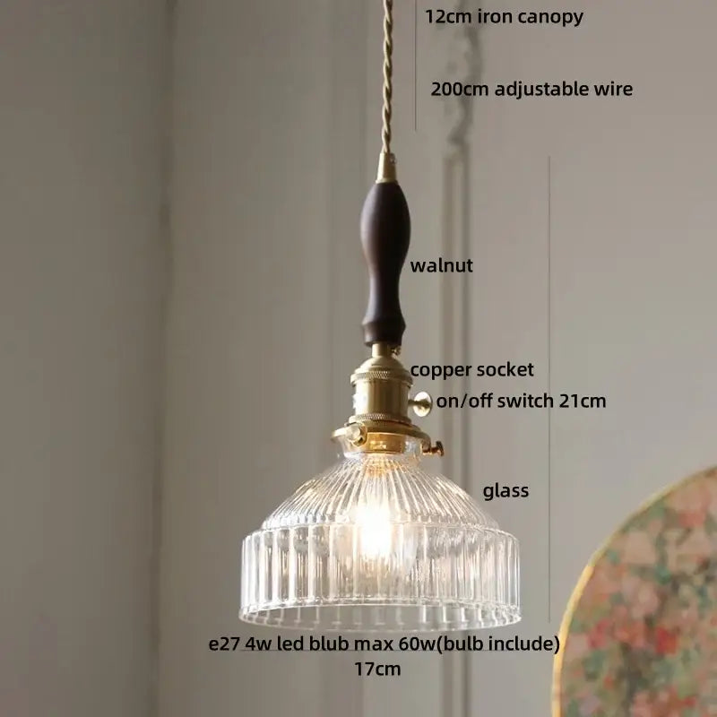 Vintage-style pendant light with amber glass led clear ribbed shade brass copper socket and walnut wooden handle