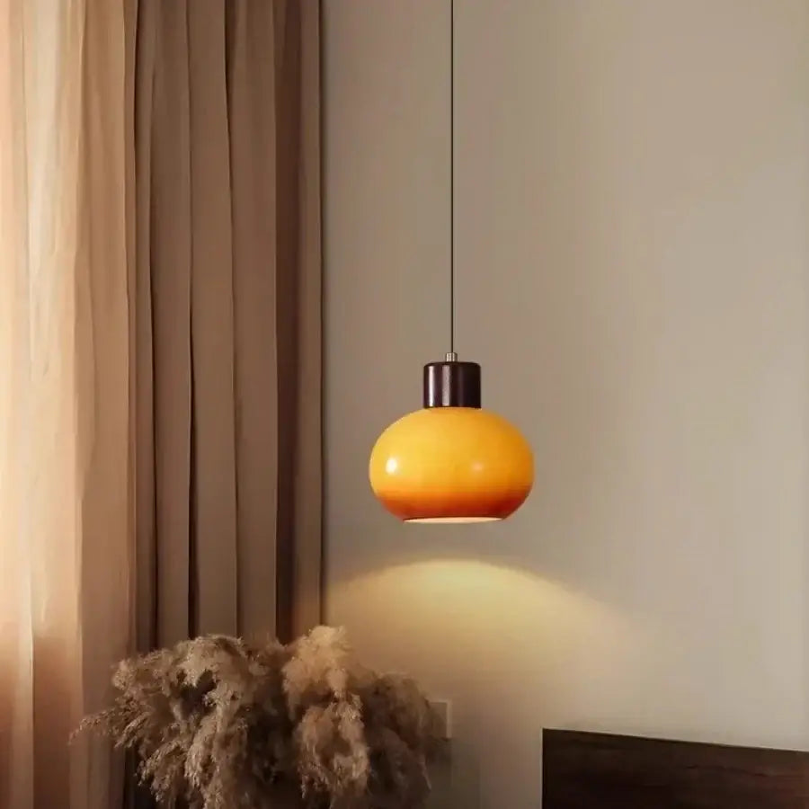 DecorBites amber glass led pendant light with warm amber glass and black metal fixture for kitchen cafe lighting