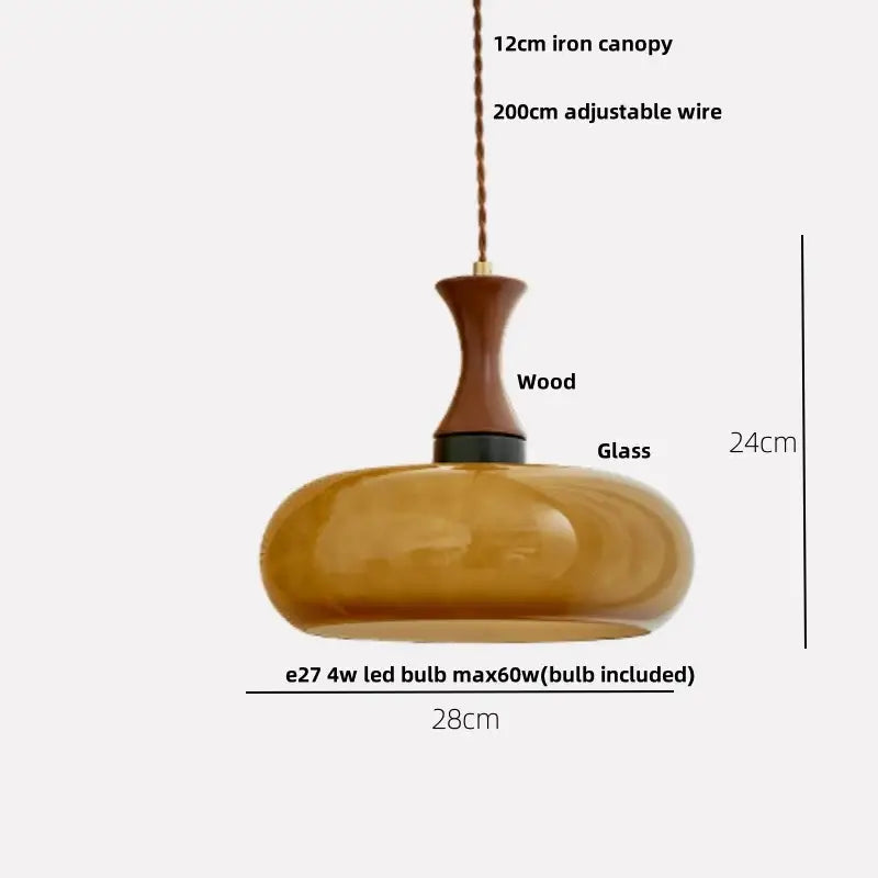 DecorBites amber glass led pendant light with warm amber glass, wooden stem, and iron canopy for rustic interiors