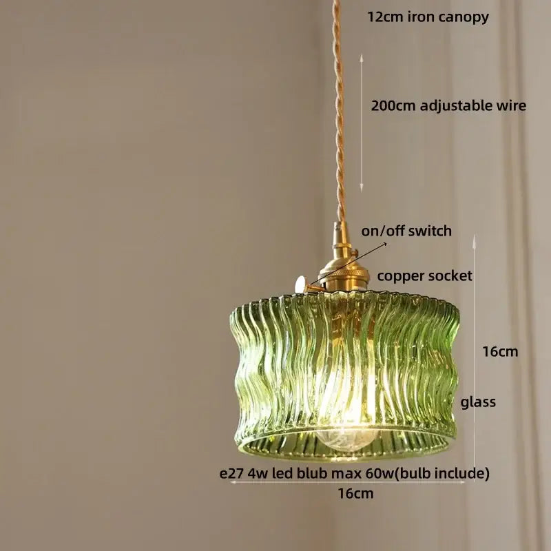 Green ribbed glass pendant light with brass accents and copper socket for modern nordic decorbites amber glass led lighting