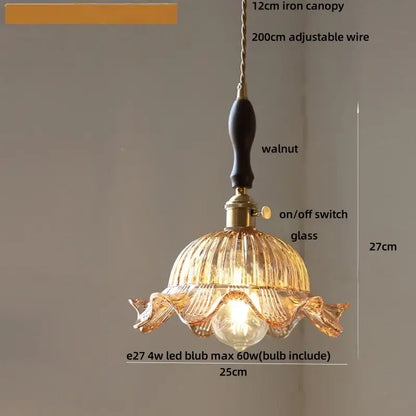 DecorBites amber glass LED pendant light with warm ribbed amber glass, walnut iron canopy, and brass hardware