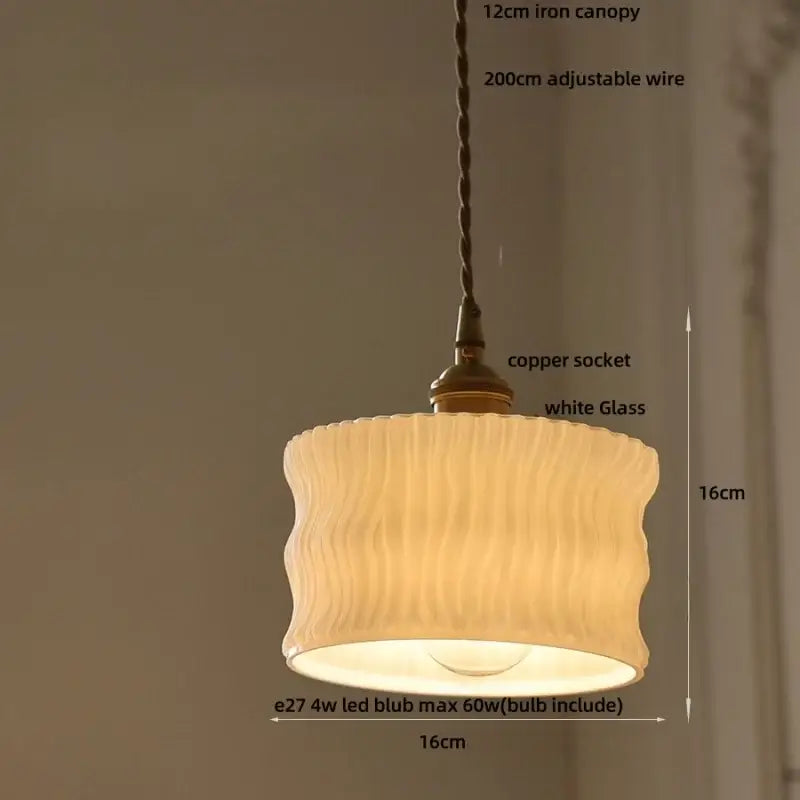 Decorbites amber glass led pendant light with warm glowing white ribbed glass and adjustable copper socket