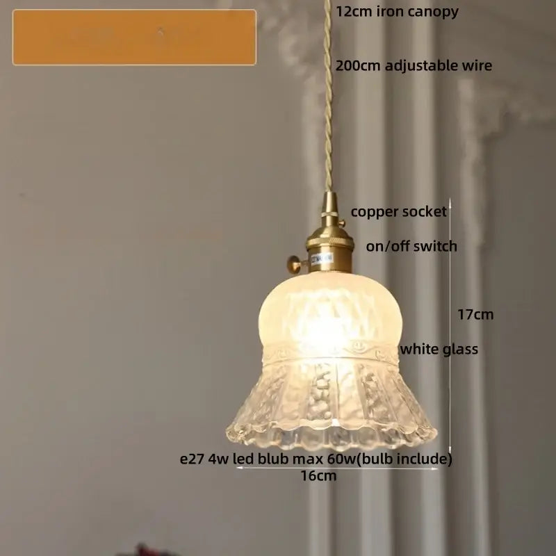 Decorbites amber glass pendant light with frosted floral glass shade and brass copper socket suspended by twisted wire