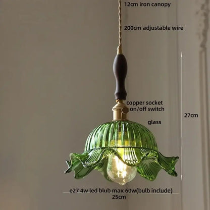 Green glass pendant light with fluted petal design and brass accents from decorbites amber glass led collection