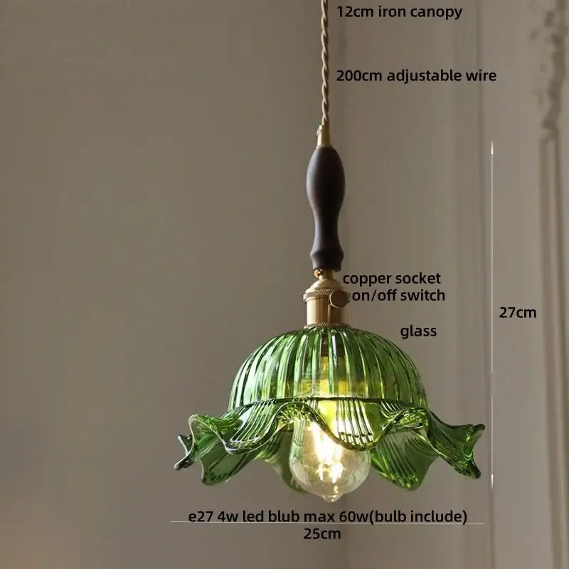 Green glass pendant light with fluted petal design and brass accents from decorbites amber glass led collection