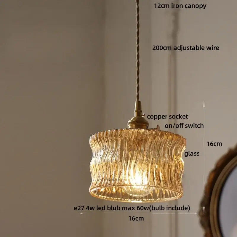 Decorbites amber glass led pendant light with 16cm textured amber glass and iron canopy in warm tones