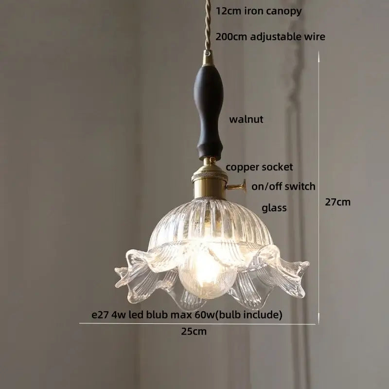 DecorBites amber glass pendant light with clear fluted design and dark walnut iron canopy modern nordic style