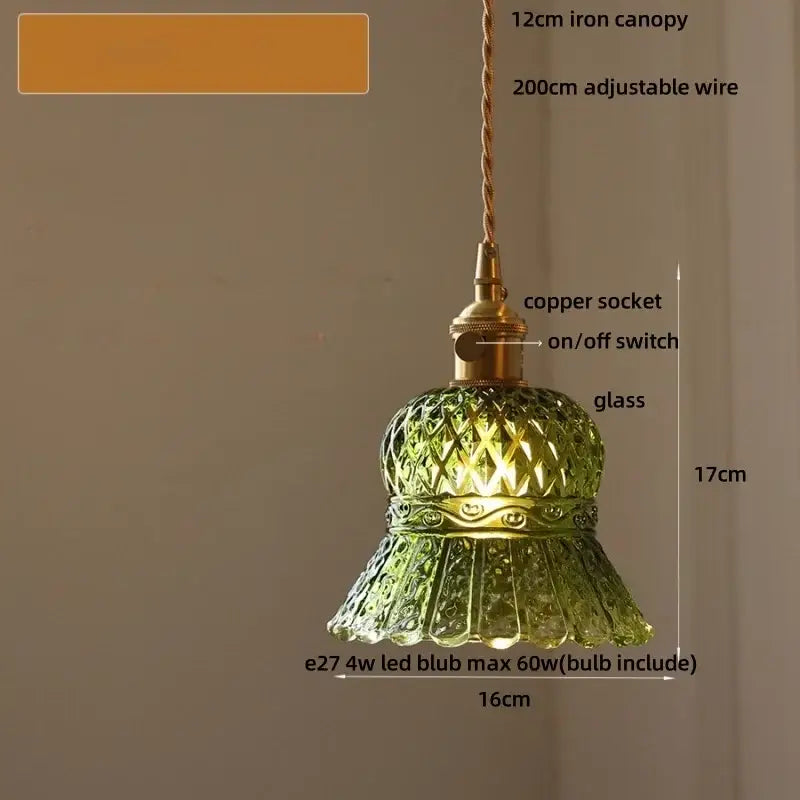 Green patterned glass pendant light with brass copper socket and adjustable wire for decorbites amber glass led lamp