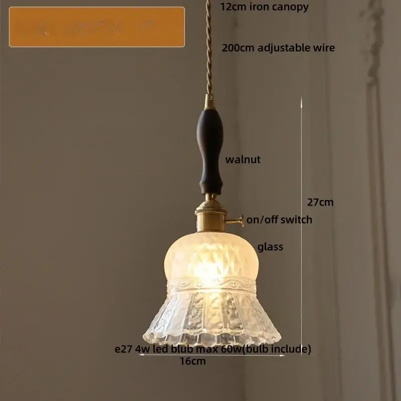 DecorBites amber glass pendant light with frosted textured shade and dark walnut wooden handle modern nordic design