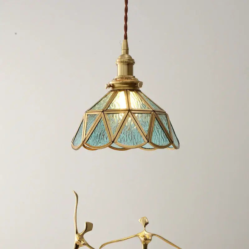 Decorbites™ amber glass led pendant light with brass frame and textured turquoise glass panels for modern home use
