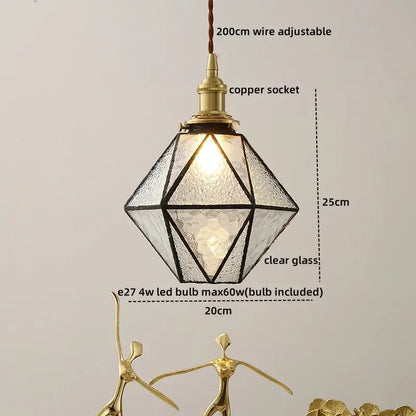 DecorBites amber glass led pendant light with faceted clear glass shade and brass accents for nordic modern decor