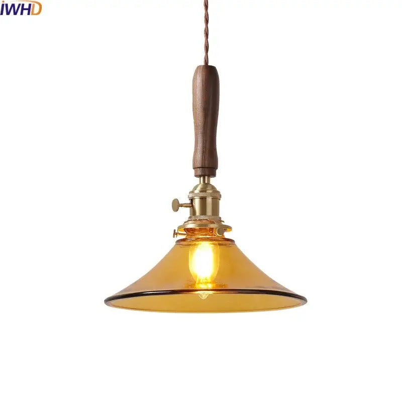 DecorBites amber glass LED pendant light with warm amber glass, walnut handle, and brass hardware for dining room
