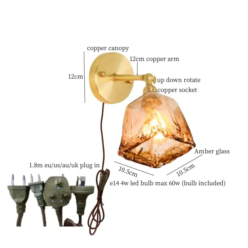 Decorbites amber glass led wall lamp with faceted amber glass shade and copper finish for bedroom lighting