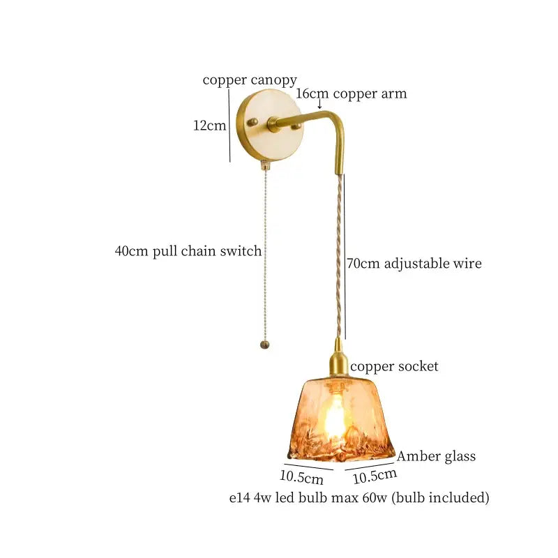 Decorbites™ amber glass led wall lamp with brass copper canopy, adjustable wire, and pull chain switch for bedroom lighting