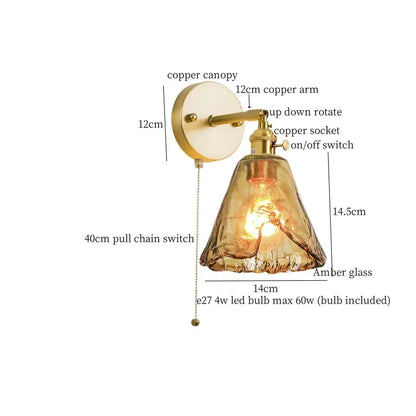 Copper wall lamp with amber textured glass shade and pull chain switch decorbites led wall lamp for bedroom lighting